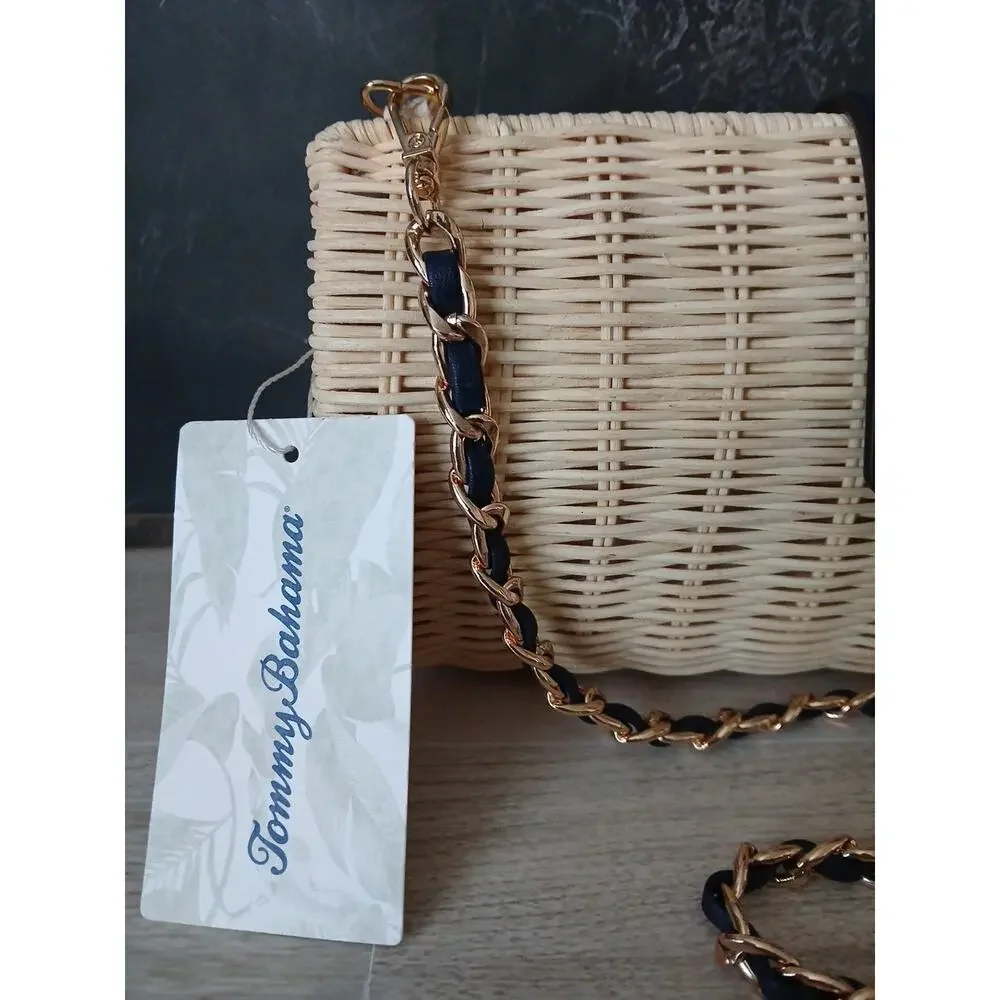 Tommy Bahama Wicker Crossbody Shoulder Bag Purse Woven Natural Wicker Turn Lock